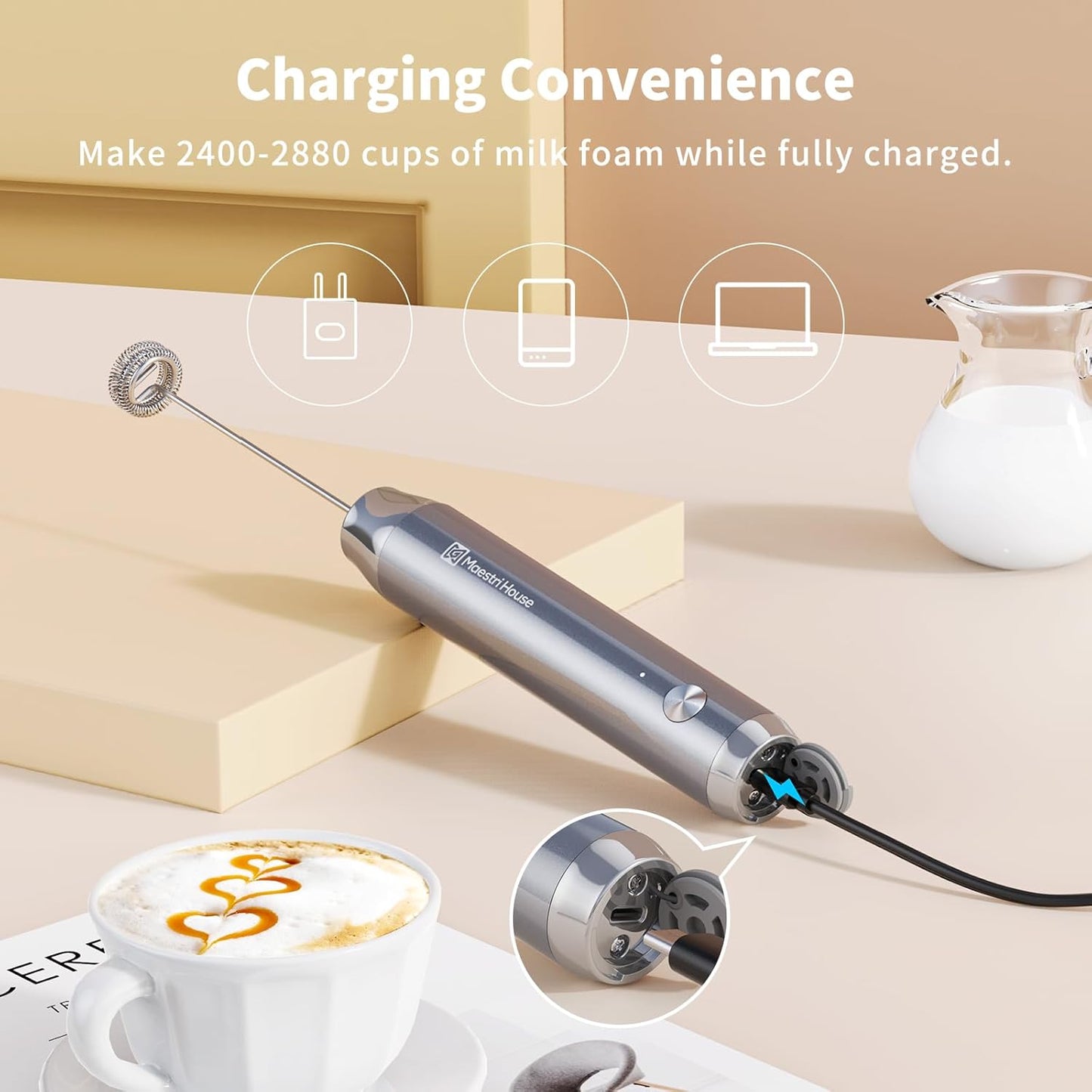 Maestri House Rechargeable Milk Frother, Handheld Electric Foam Maker Waterproof Detachable Stainless Steel Whisk Drink Mixer Foamer with Stand,LunaFro