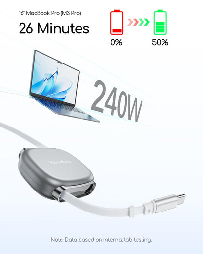 240W Retractable USB C Cable for Phones,3.3FT,2Pack,Grey PD3.1 USB C to USB C Cable with Magnetic Slot for Travel,Car,4 Preset Length,Super Fast Charging