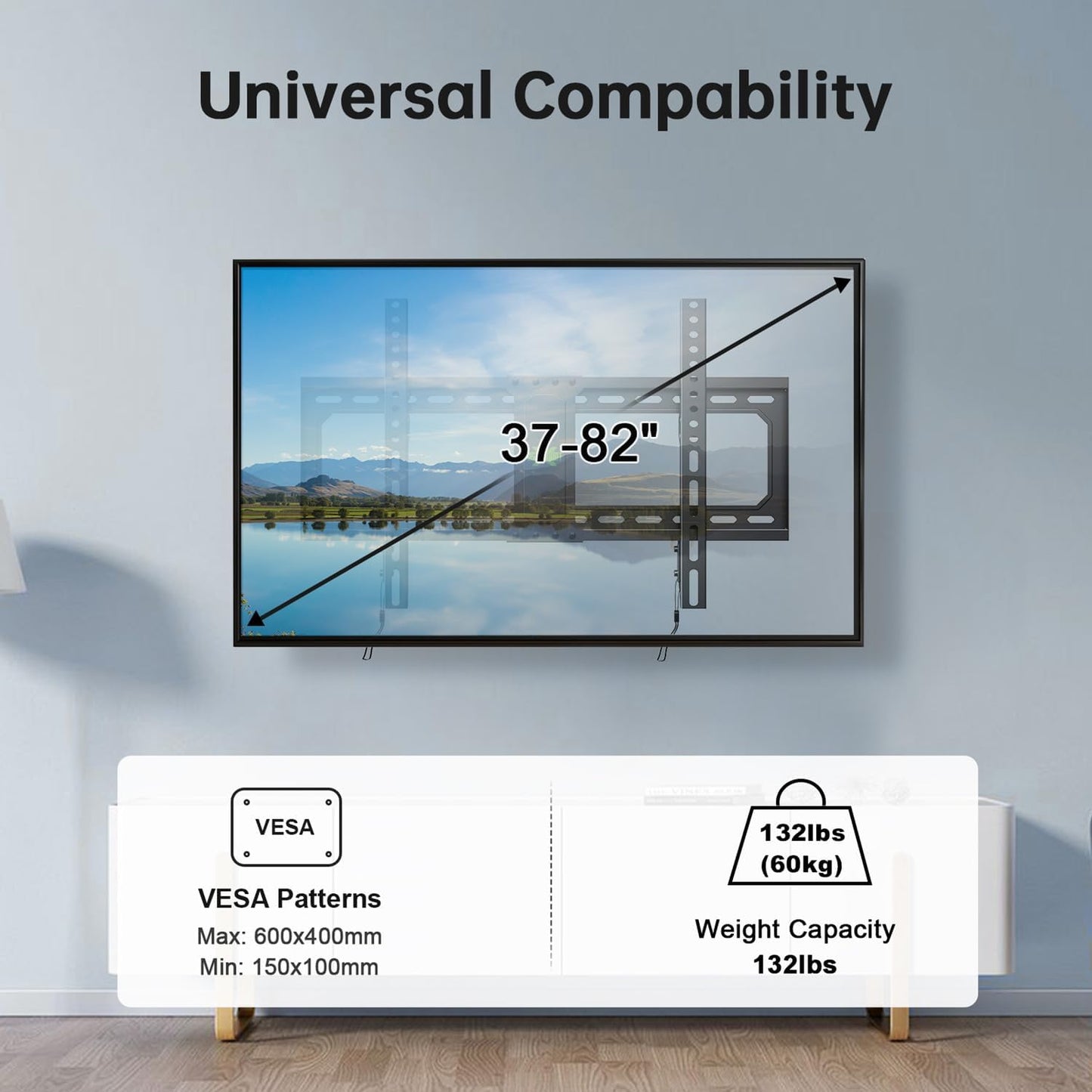 USX MOUNT UL Listed Fixed TV Wall Mount for 37-82 Inch TVs up to 132 Lbs, Low Profile TV Wall Bracket Fit Wood Studs 16", 18", 24", TV Mount with Max VESA 600x400mm, Quick Locked and Release, XFL090