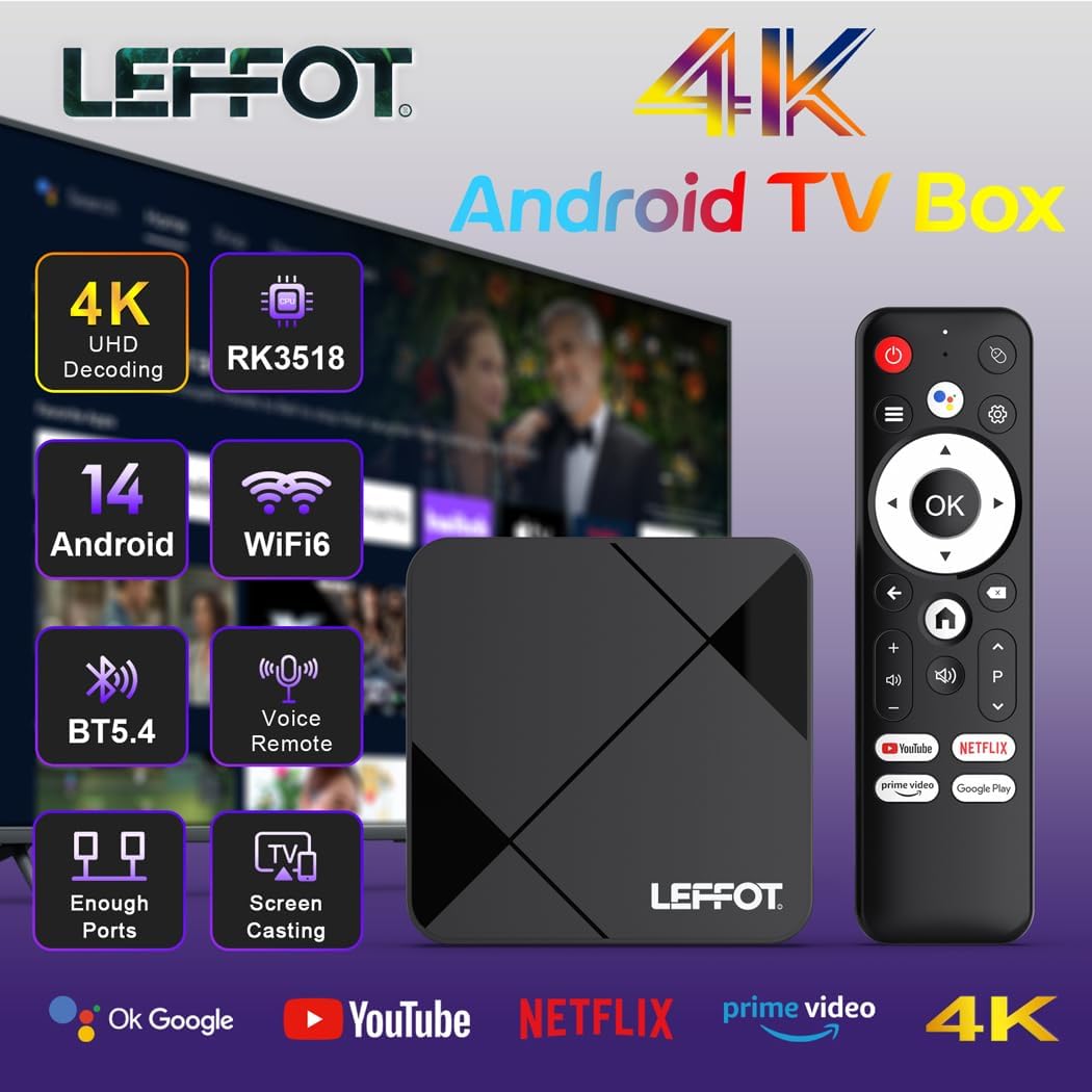 LEFFOT Android TV Box 2025,4K UHD Steaming Devices for TV,2GBRAM + 8GBROM,with HDR10,2.4G&5G WIFI6,BT 5.0,Smat TV Box RK3518