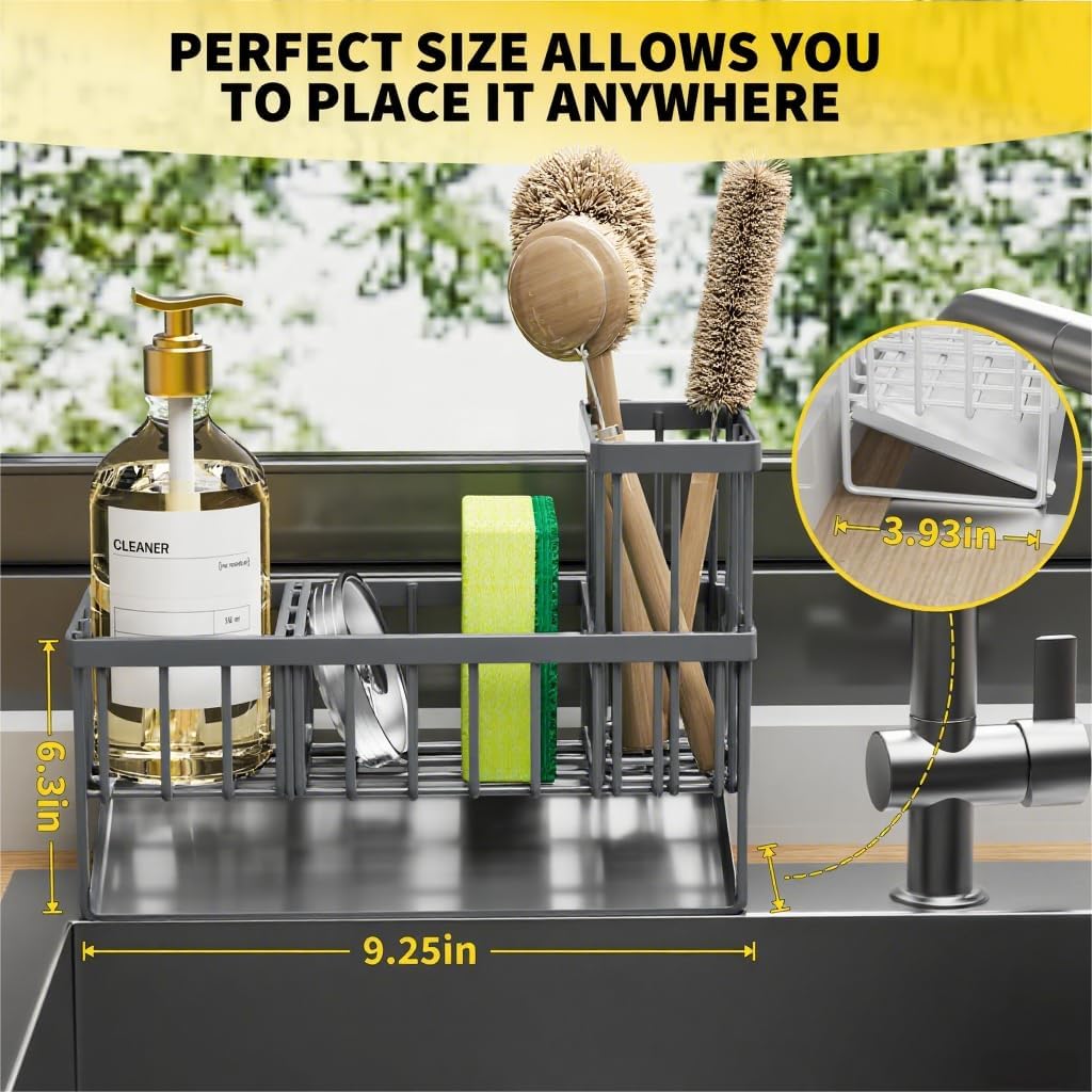 Cisily Kitchen Sink Caddy Organzier with High Brush Holder, Sponge Holder for Sink, 304 Rustproof Stainless, Kitchen Countertop Soap Dispenser Organizer, Kitchen Decor and Accessories (Black)