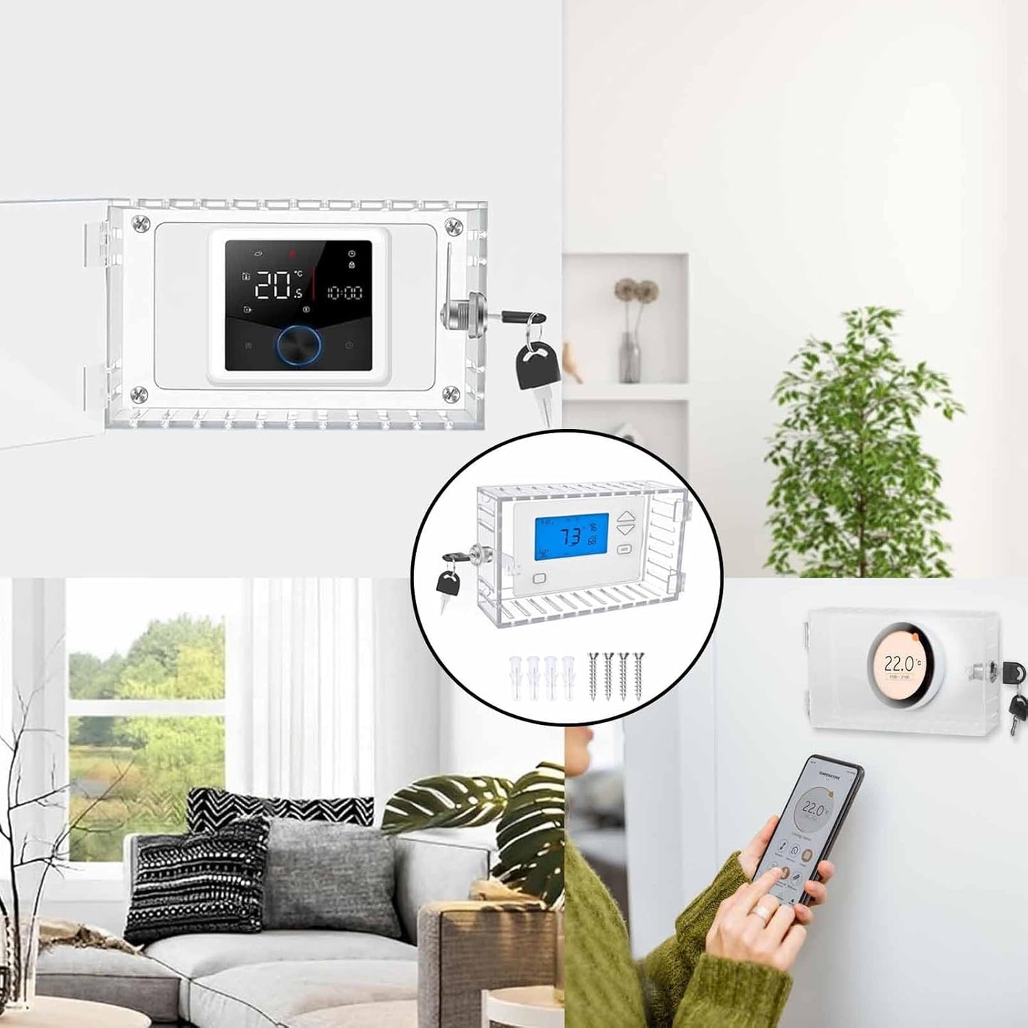 LinamHoz Universal Thermostat Lock Box with Key, Universal Clear Thermostat Guard Box, Thermostat Guard for Thermostat on Wall Fits Thermostats, (7.8in*4.7in*2.3in)