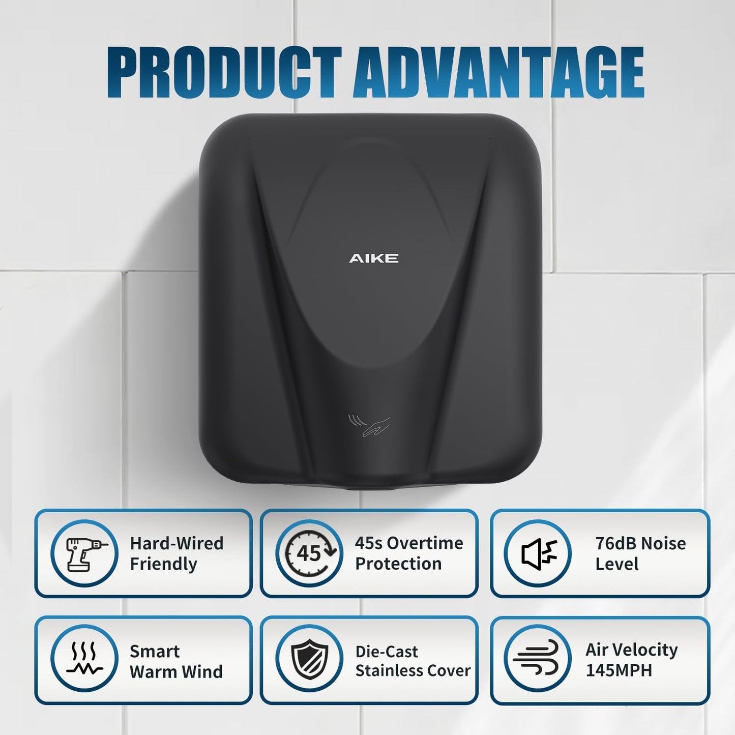 AIKE Elephant Power Commercial Hand Dryer High Speed Auto Warm Wind, Matte Black Thermoset Cover AC110V-130V Model AK2812