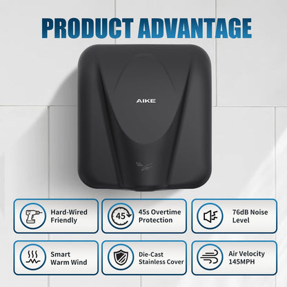 AIKE Elephant Power Commercial Hand Dryer High Speed Auto Warm Wind, Matte Black Thermoset Cover AC110V-130V Model AK2812