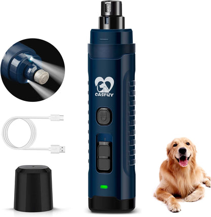 Casfuy Dog Nail Grinder with 2 LED Light for Large Medium Dogs - 3X More Powerful 2-Speed Electric Pet Nail Trimmer Rechargeable Quiet Painless Paws Grooming & Smoothing Tool