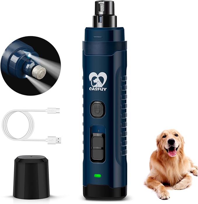 Casfuy Dog Nail Grinder with 2 LED Light for Large Medium Dogs - 3X More Powerful 2-Speed Electric Pet Nail Trimmer Rechargeable Quiet Painless Paws Grooming & Smoothing Tool