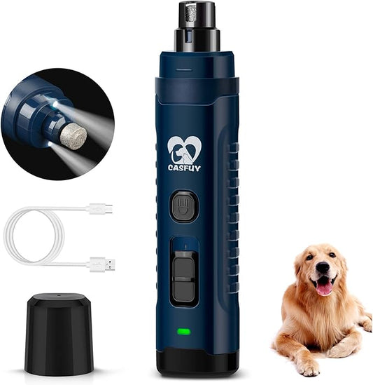 Casfuy Dog Nail Grinder with 2 LED Light for Large Medium Dogs - 3X More Powerful 2-Speed Electric Pet Nail Trimmer Rechargeable Quiet Painless Paws Grooming & Smoothing Tool