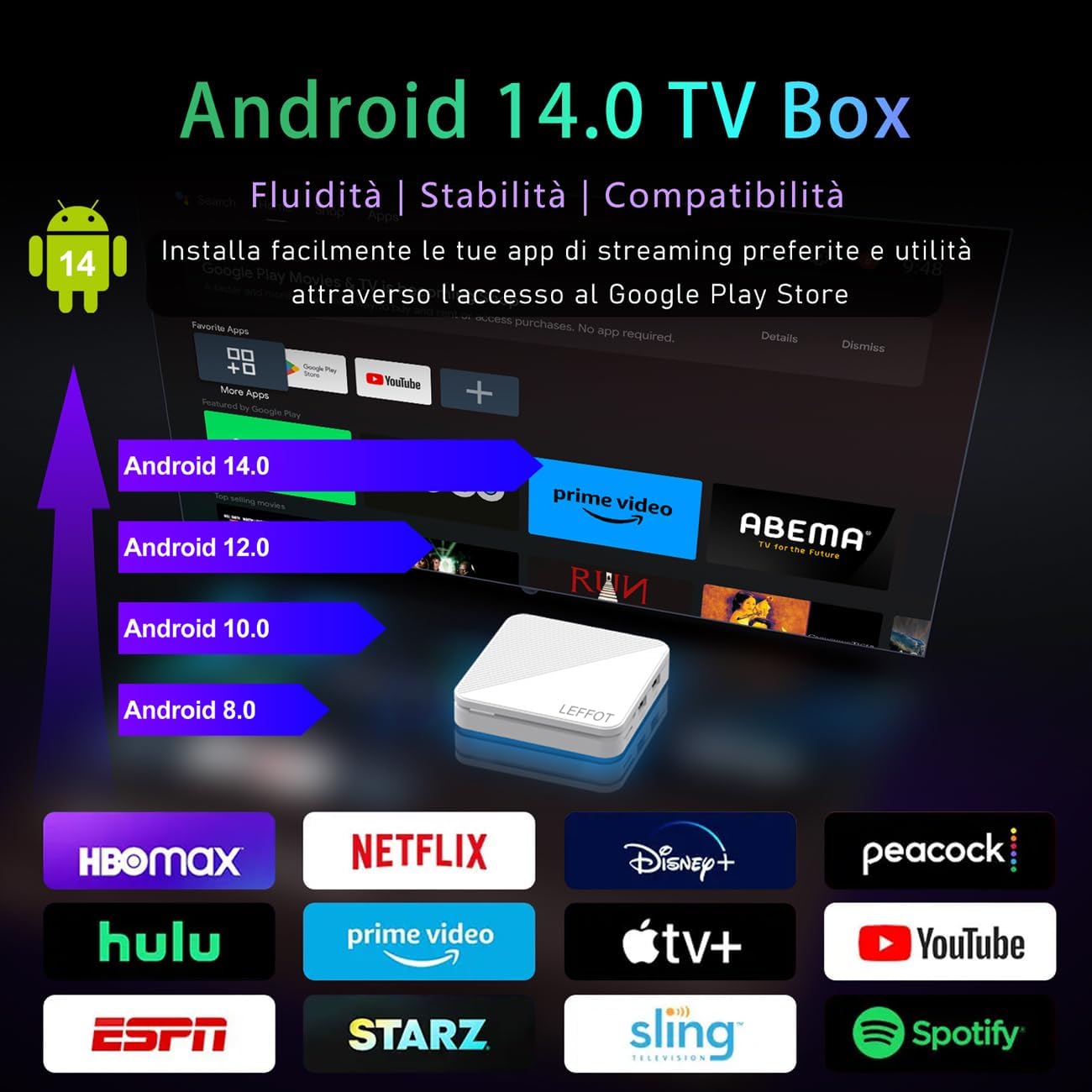 LEFFOT Android 14.0 TV Box 2025, H313 4K Ultra HD Streaming Device for TV, 2GB RAM + 16GB ROM, Smart TV Box with HDR10, Voice Control, 2.4G & 5G WiFi 6, 100M Ethernet, H313 Quad Core ARM Cortex A53