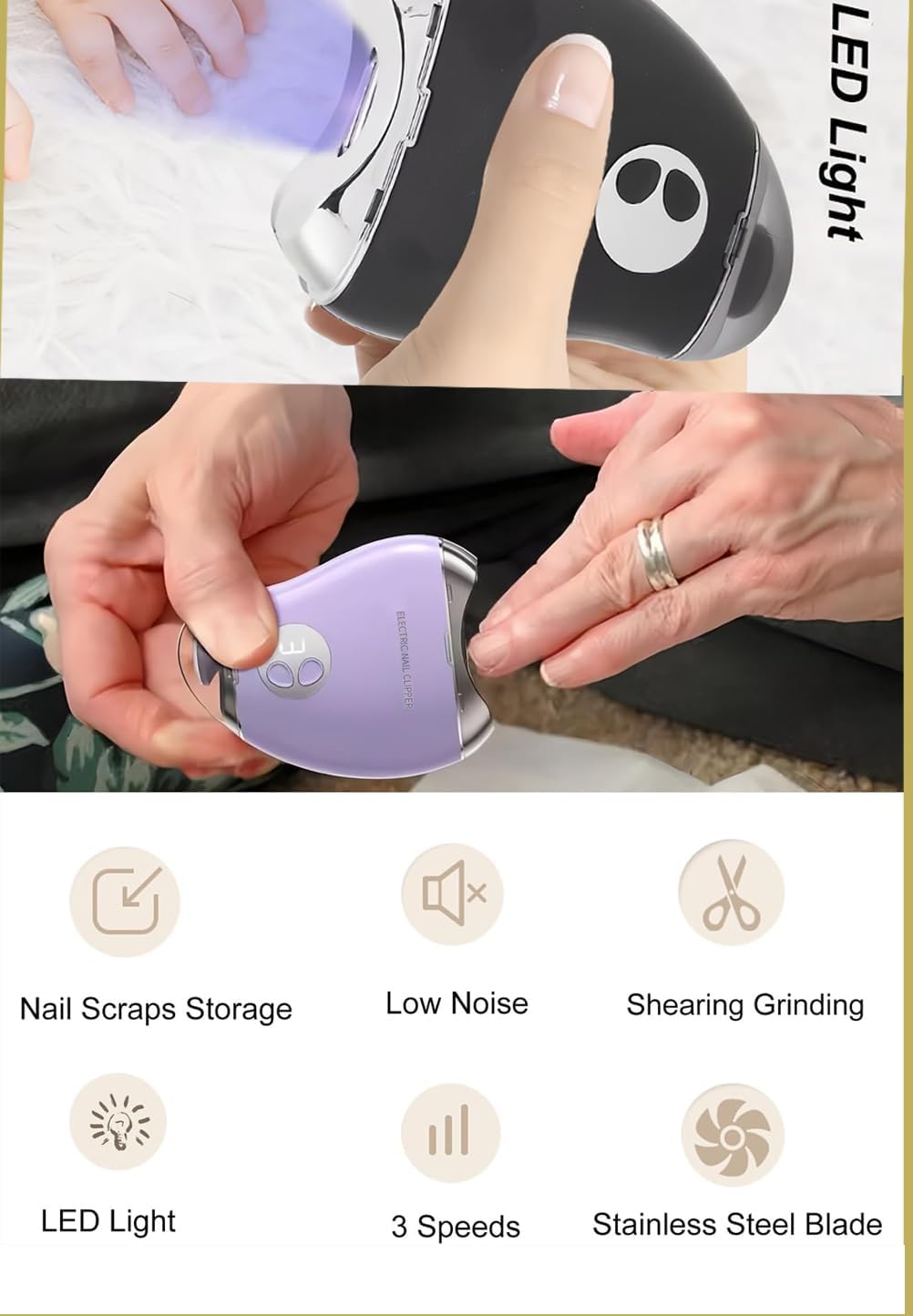 Electric Nail Clipper with 3 Speed Levels 2 in 1 Electric Polishing Automatic Nail Clippers Automatic Electric Nail Clipper with Polishing Toe Nail Clippers for Thick Nails for Seniors (White)