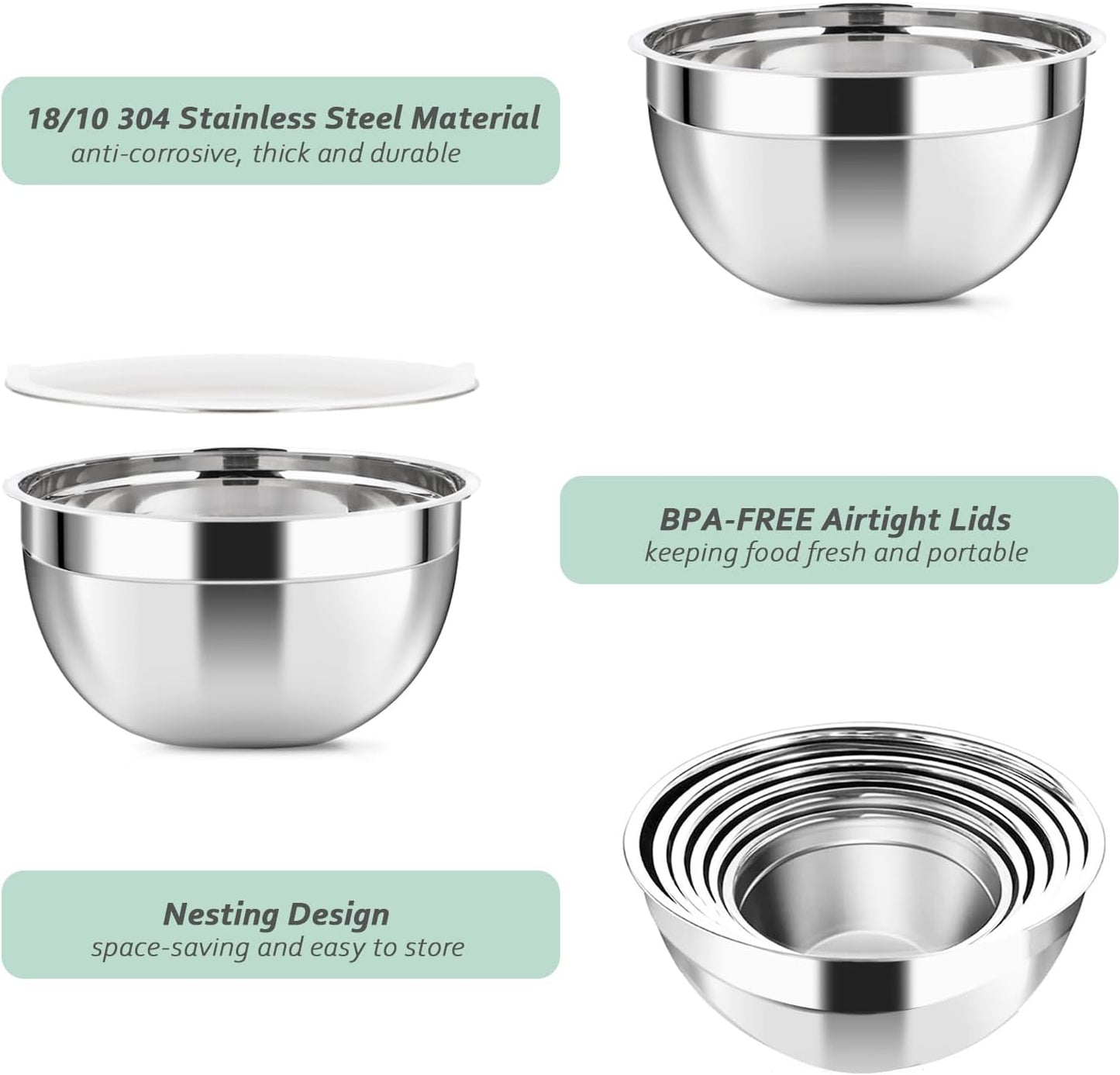 Luvan 18/10 304 Stainless Steel Mixing Bowl,Set of 6(1,1.5,1.9,2.6,3.4,4.2QT),with Airtight Lids,Nesting Bowls for Space Saving Storage,Dishwasher Safe, Great for Mixing,Baking, Prepping