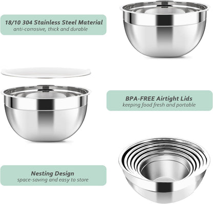 Luvan 18/10 304 Stainless Steel Mixing Bowl,Set of 6(1,1.5,1.9,2.6,3.4,4.2QT),with Airtight Lids,Nesting Bowls for Space Saving Storage,Dishwasher Safe, Great for Mixing,Baking, Prepping