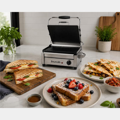 Eurodib Commercial Panini Grill, Flat Plates, 1800W Electric – SFE02340120 | Smooth flat plates, dual heating elements to 572°F, self-balancing hinged top plate, easy-clean removable tray