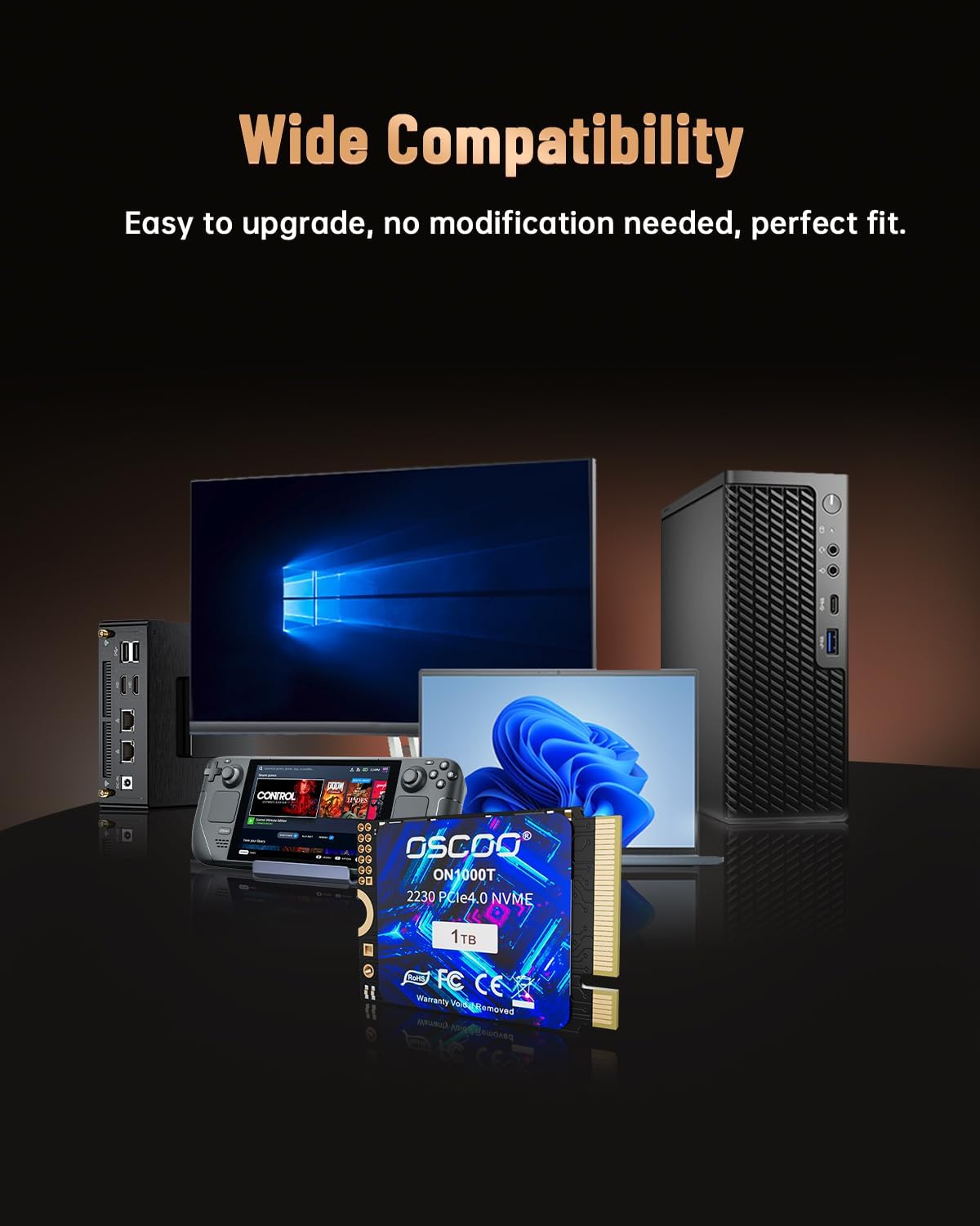 OSCOO 1TB NVMe SSD – M.2 2242 PCIe Gen4x4 Internal Solid State Drive, Up to 5400MB/s Read & 4900MB/s Write, 3D NAND, Compact High-Speed Storage for Ultrabooks, Mini PCs, Embedded Systems - ON1000B