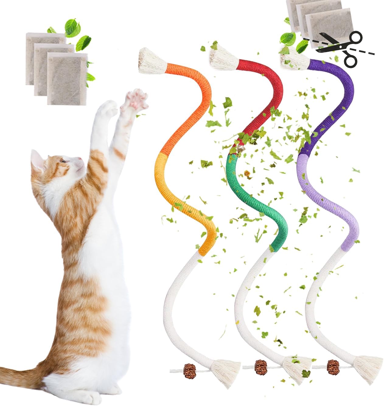 Cat Chew Long Rope Toys(27.5 Inch) 3PCS Refillable Catnip and Silvervine, Interactive Toy for Indoor Cats & Kittens, Safe Dental Chew Toys for Teeth Cleaning & Stress Relief