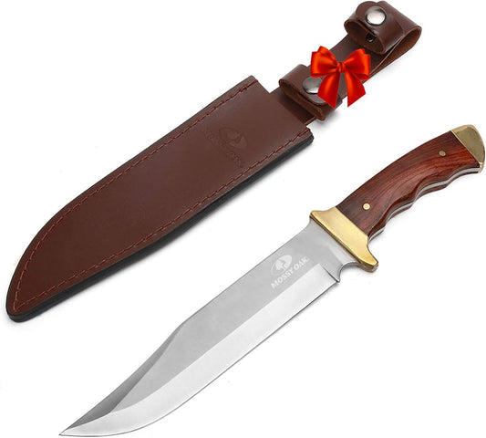 MOSSY OAK 14-inch Bowie Knife, Full-tang Fixed Blade Wood Handle with Leather Sheath for Camping Survival