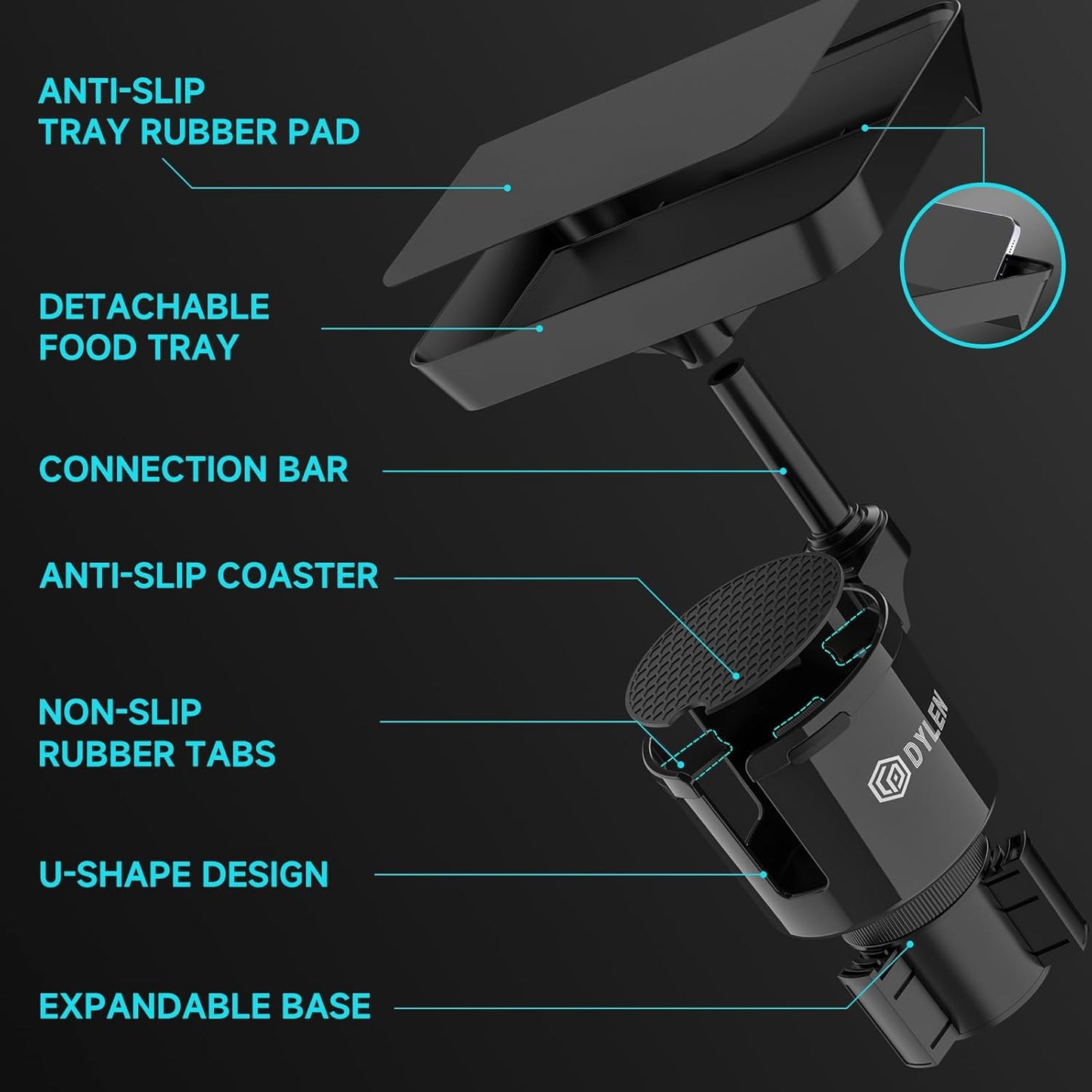 Car Cup Holder Expander | Adjustable Cup Holder Tray Table with Phone Slot for Large Bottles & Travel