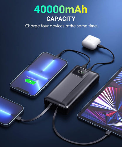 Power-Bank-Portable-Charger - 40000mAh Power Bank Support PD 30W and QC4.0 Fast Charging wiht Built-in 2 Output Cable and LED Display for iPhone and Android Phones and Most Electronic Devices