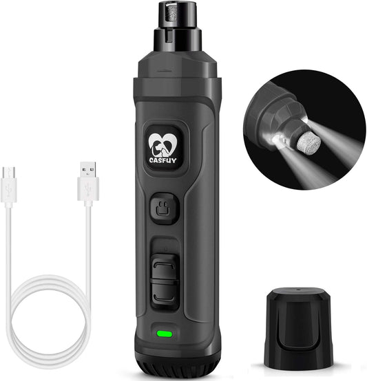 Casfuy Dog Nail Grinder with 2 LED Light-New Version 2-Speed Powerful Electric Pet Nail Trimmer Professional Quiet Painless Paws Grooming & Smoothing for Small Medium Large Dogs and Cats (Grey), 1 Count (Pack of 1)
