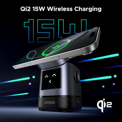 UGREEN Uno Qi2 Certified 15W Wireless Charger Stand, 2 in 1 Fast Charge Charging Station Compatible with Magsafe Charger Stand for iPhone 16, 15, 14 Series, AirPods 2/3/Pro (No AC Adapter)