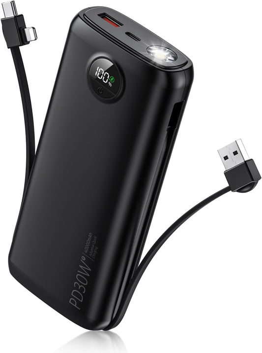 Portable Charger with Built in Cable Power Bank 40000mAh PD 30W Fast Charger Battery Pack Built-in Type-C/iOS Cable and Flashlight Compatible with iPhone Samsung Google iPad etc