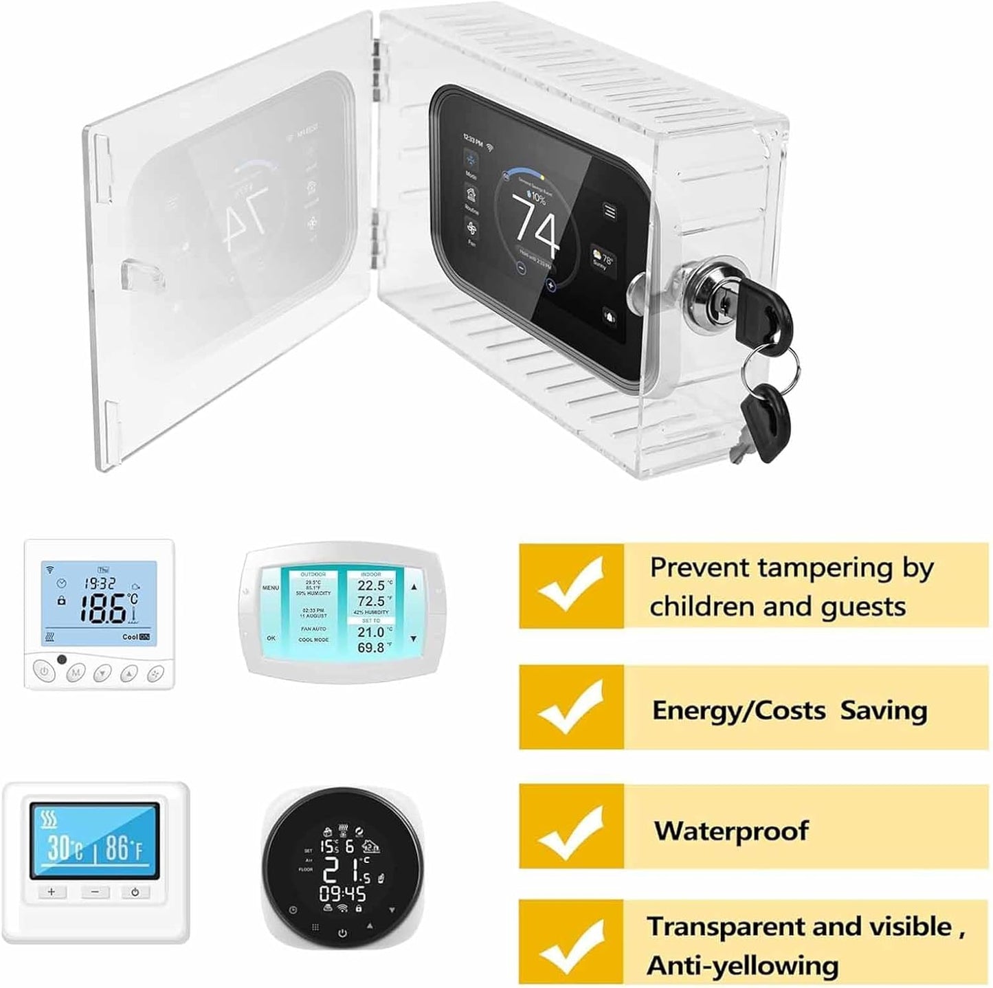 LinamHoz Universal Thermostat Lock Box with Key, Universal Clear Thermostat Guard Box, Thermostat Guard for Thermostat on Wall Fits Thermostats, (7.8in*4.7in*2.3in)