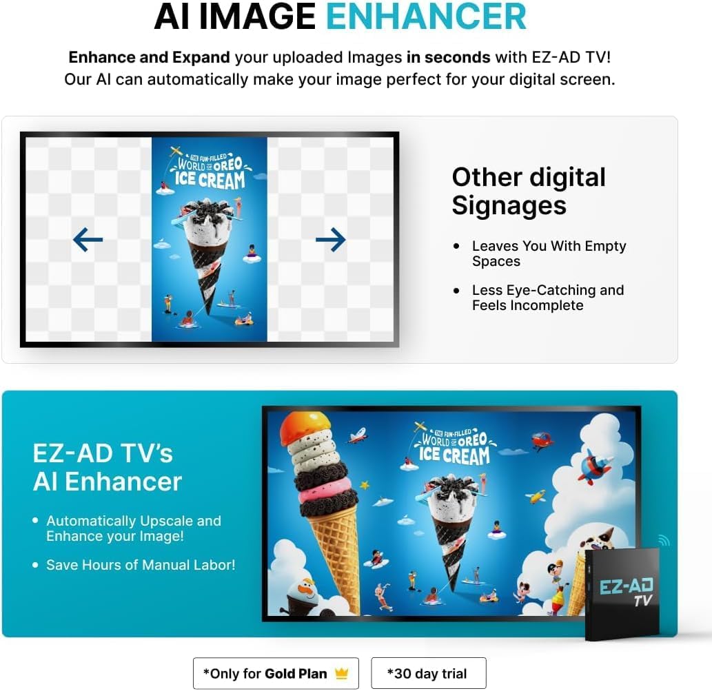 EZ-AD TV Digital Signage Player, Digital Signage 4k Player Kit, Auto-Post Content, Cloud-Controlled, Add Your PowerPoint Presentation, Free Plan & Mobile App, Thousands of Templates