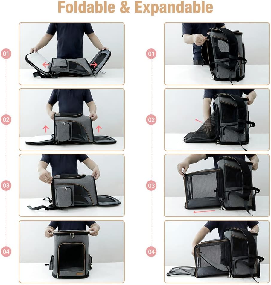 Lekesky Cat Backpack Expandable Dog Carrier Backpack Airline Approved Pet Backpack Carrier for Cats, Small Dogs, Puppies Under 13 Lbs, Grey