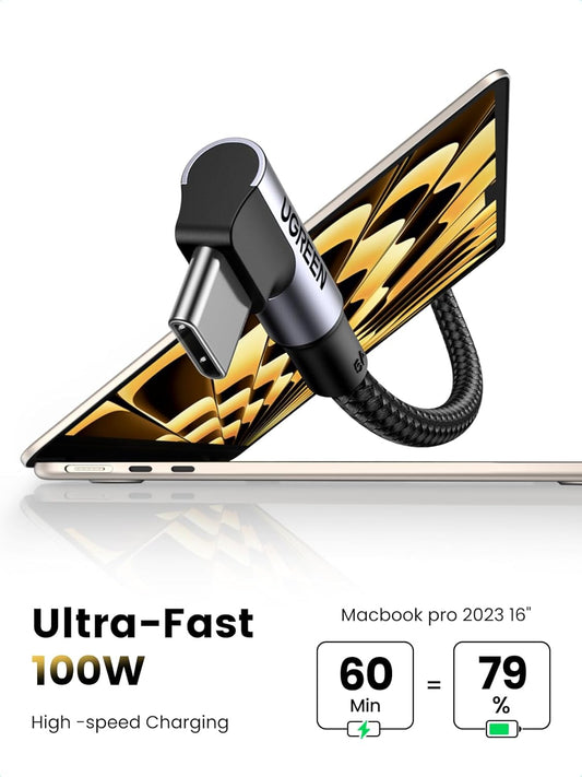 UGREEN USB C to USB C Cable 100W, Right Angle Type C Charging Cable 90 Degree PD Fast Charging Cord Compatible with iPhone 16 15 Pro Max, MacBook Air, iPad, Galaxy S25 S24, PS5 Controller, 10ft - PuriLite