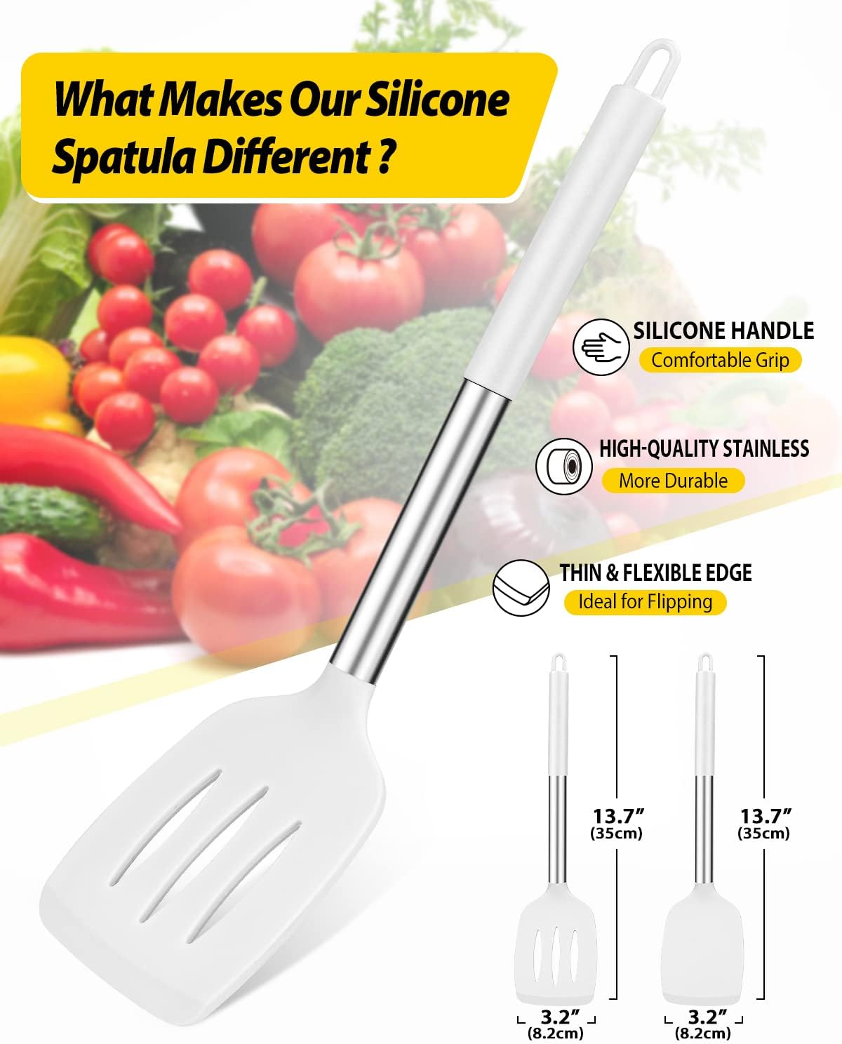 Pack of 2 Silicone Slotted Spatula,Non Stick Solid Kitchen Turner, High Heat Resistant BPA Free Cooking Utensils for Fish, Eggs, Pancakes（Black