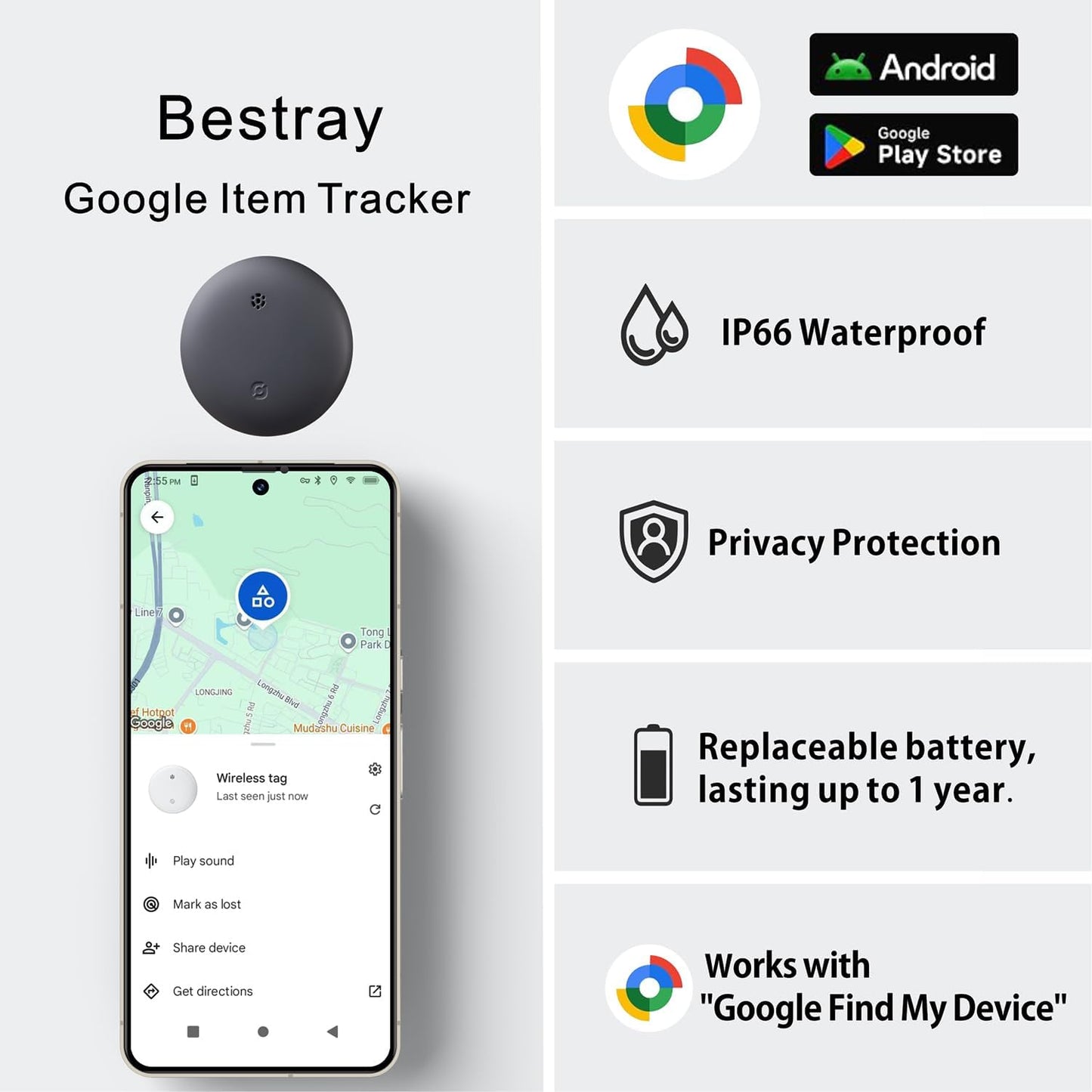 Bestray GPS Tracker Android, Air Smart Tag Compatible with Google Find My (Android Only), Key Finder for Keys, Luggage, Suitcase, Wallet, IP66 Waterproof, 4 Pack