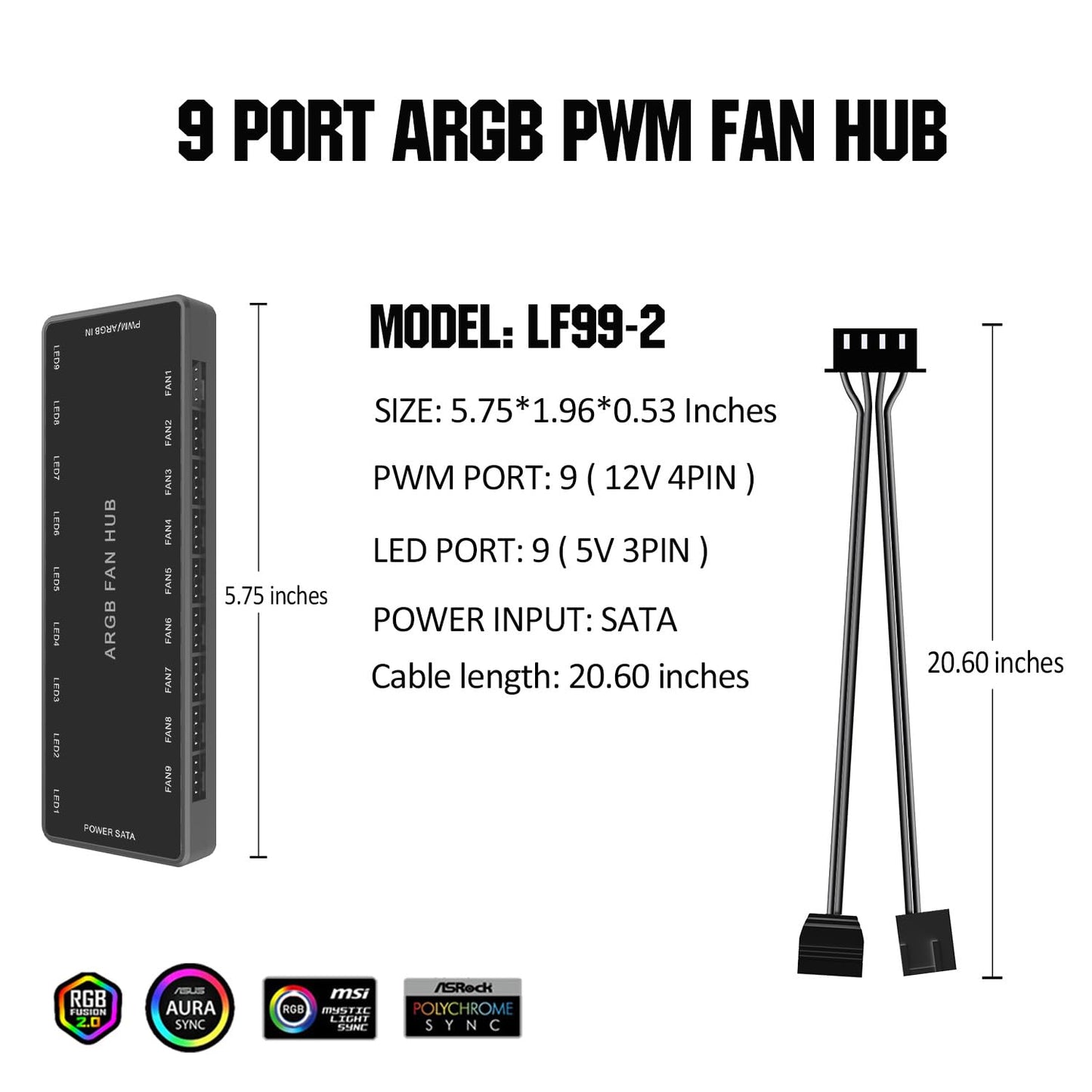 ARGB PWM Fan Hub, Addressable 5V-3PIN ARGB 12V 4PIN PWM 2-in-1 RGB Case Fan Hub SATA Power Input, 9 Fan Port and 9 LED Port, PC Fan hub Support 9 Computer ARGB PWM Fans Splitter