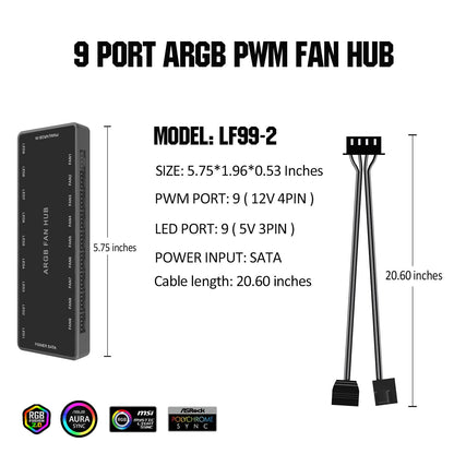 ARGB PWM Fan Hub, Addressable 5V-3PIN ARGB 12V 4PIN PWM 2-in-1 RGB Case Fan Hub SATA Power Input, 9 Fan Port and 9 LED Port, PC Fan hub Support 9 Computer ARGB PWM Fans Splitter