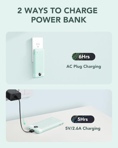 Portable Charger for iPhone, 10000mAh Power Bank with Built-in Cables & AC Wall Plug, USB C Phone Charger 5 Output External Battery Pack Compatible with iPhone Samsung Google Pixel Android -White