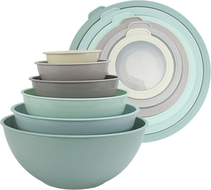 COOK WITH COLOR Mixing Bowls with TPR Lids - 12 Piece Plastic Nesting Bowls Set Includes 6 Prep Bowls and 6 Lids, Microwave Safe Mixing Bowl Set (Mint)