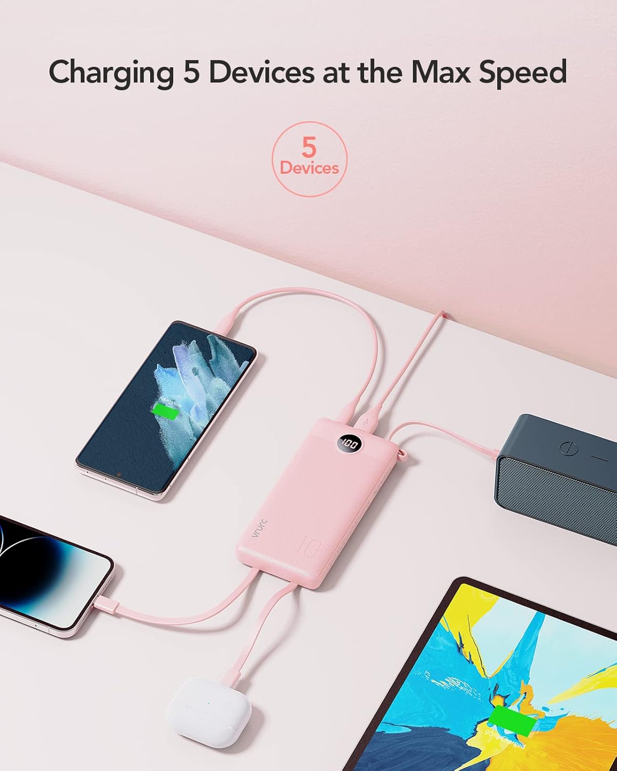 VRURC 10000mAh Power Bank Built-in Cables, Portable Charger with LED Display, Slim Intelligent Travel Battery Pack with Cords, 5 Output Dual Input Phone Charger for Cell Phone Smart Devcies-Blue