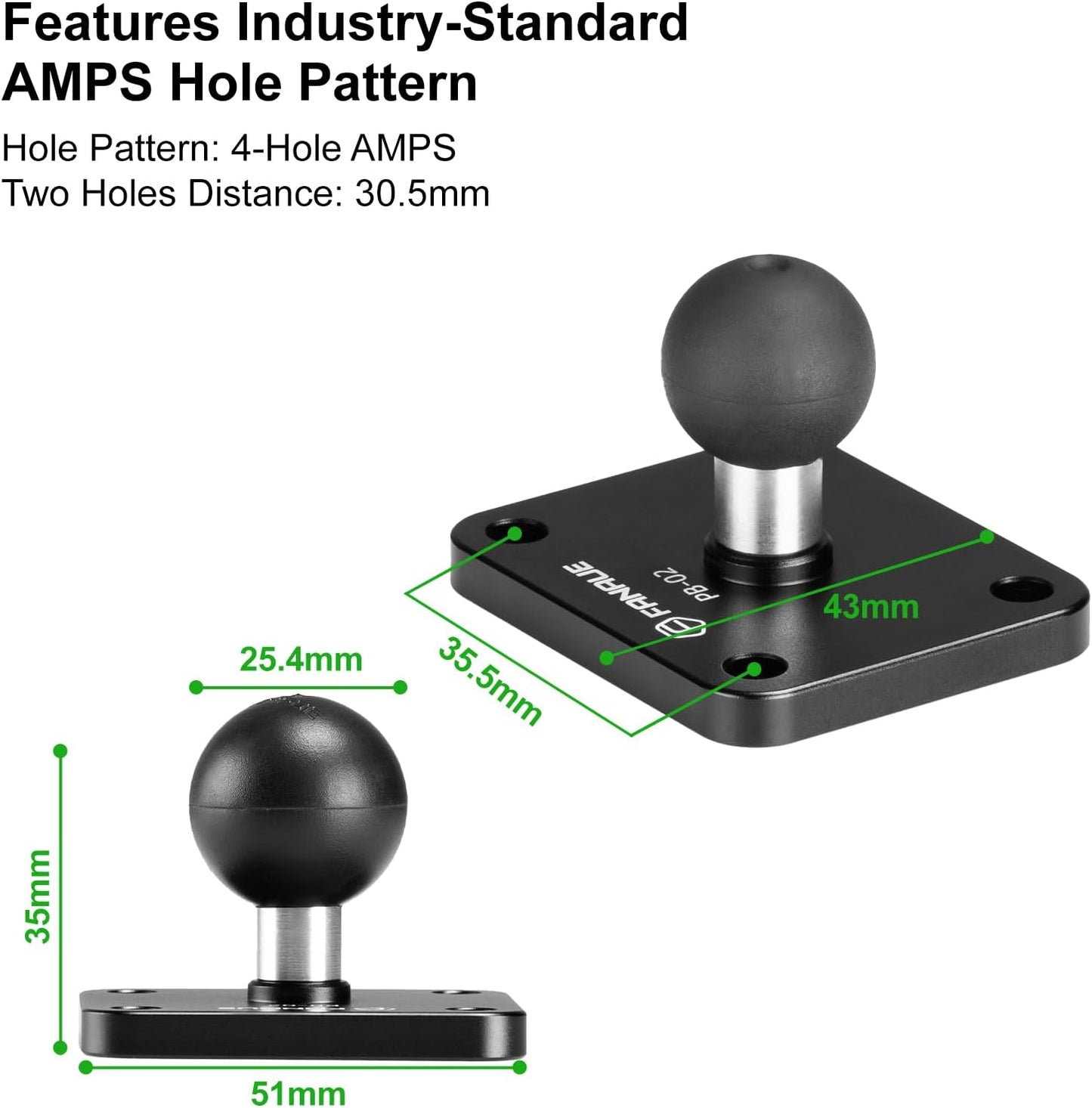 FANAUE Aluminum1'' Ball Mount Base with 4-Hole AMPS Square Plate & 1" Ball Adapter Compatible RAM Mount B Size Double Socket arm and Bike Motorcycle Phone Holder