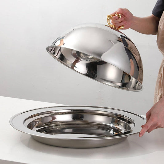 Stainless Steel Serving Platter with Lid High-End Cloche Serving Dome with Tray Decorative Handle Steak Plate Covered for Hotel, Restaurant, Buffet, Silver