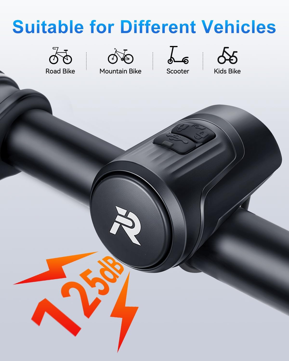 EQIIO Electric Bike Horn 125dB, USB Rechargeable Bicycle Horn Fits 22.2-31.8mm Handlebars, IPX5 Waterproof Bike Bell for Adults/Kids Bike, Scooter, Ebike, Easy Install & Compact Design