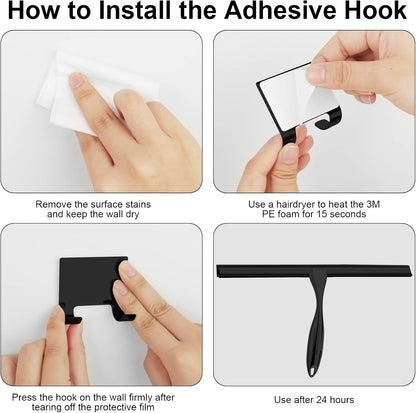14 Inch Shower Squeegee Stainless Steel with Shower Door Hook and Adhesive Hook Glass Squeegee Bathroom for Doors, Bathroom, Windows, Kitchen, Mirror with Spare Silicone Blade 2 Hooks