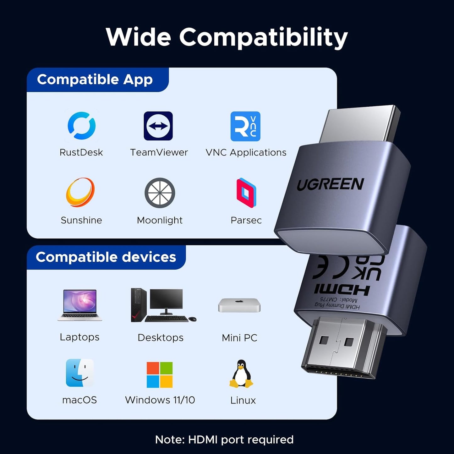 UGREEN 4Pack HDMI Dummy Plug 4K@60Hz 2K@60Hz 1080P@120Hz, EDID Emulator, Virtual Monitor Emulator, HDMI Headless Adapter for Remote PC/Laptop