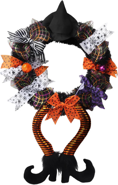 16 Inch Halloween Wreath with Witch Hat Legs for Front Door Halloween Door Sign Decoration