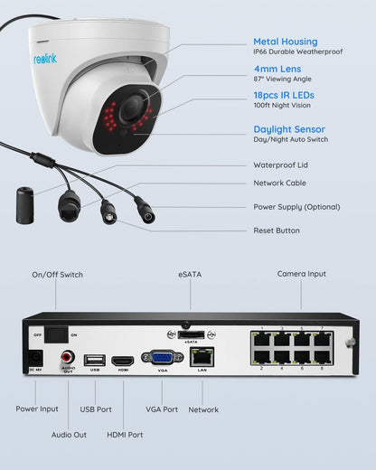 Reolink 4K PoE Security Camera System, 4pcs H.265 PoE IP Wired Turret 4K Cameras with Person Vehicle Detection, Waterproof, 8CH NVR with 2TB HDD for Home Surveillance 24-7 Recording, RLK8-800D4