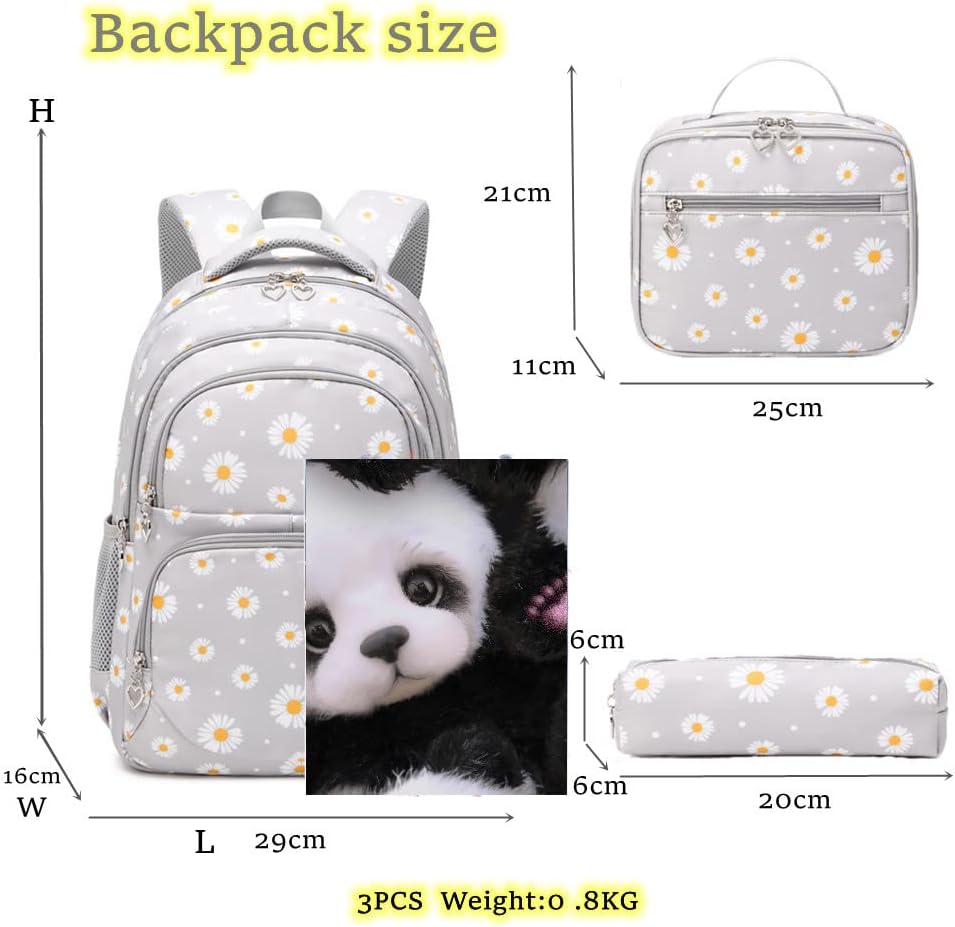 3Pcs Daisy Prints Backpack for Girls Bookbag set Primary School Daypack Elementary Students Knapsack with Lunch Box