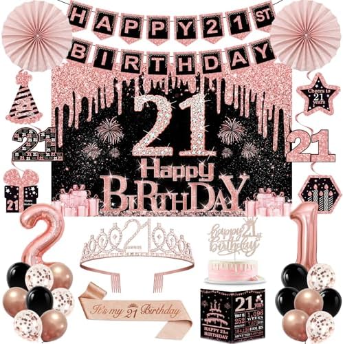 40th Birthday Decorations for Women,32pcs 40th Birthday Party Decorations,Including Backdrop, Crown,Sash,banner, Hanging Swirl,Cake Topper,balloons,Paper Fans,Anniversary Card and paper fans