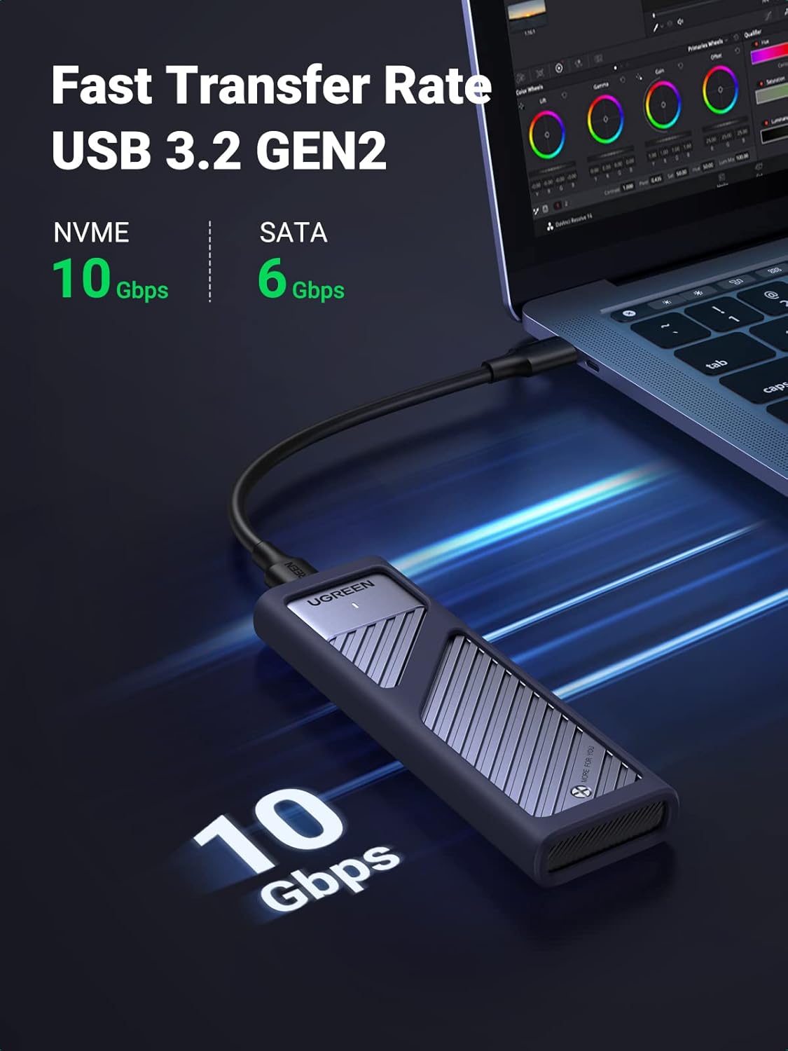 UGREEN M.2 NVMe SATA SSD Enclosure, USB 3.2 Gen2 10Gbps Enclosure for NVMe PCIe M-Key(M+B Key), SATA NGFF (M+B) Key, Support UASP Trim Smart for 2280 2260 2242 2230 with 2 Cables, Aluminum Heatsink