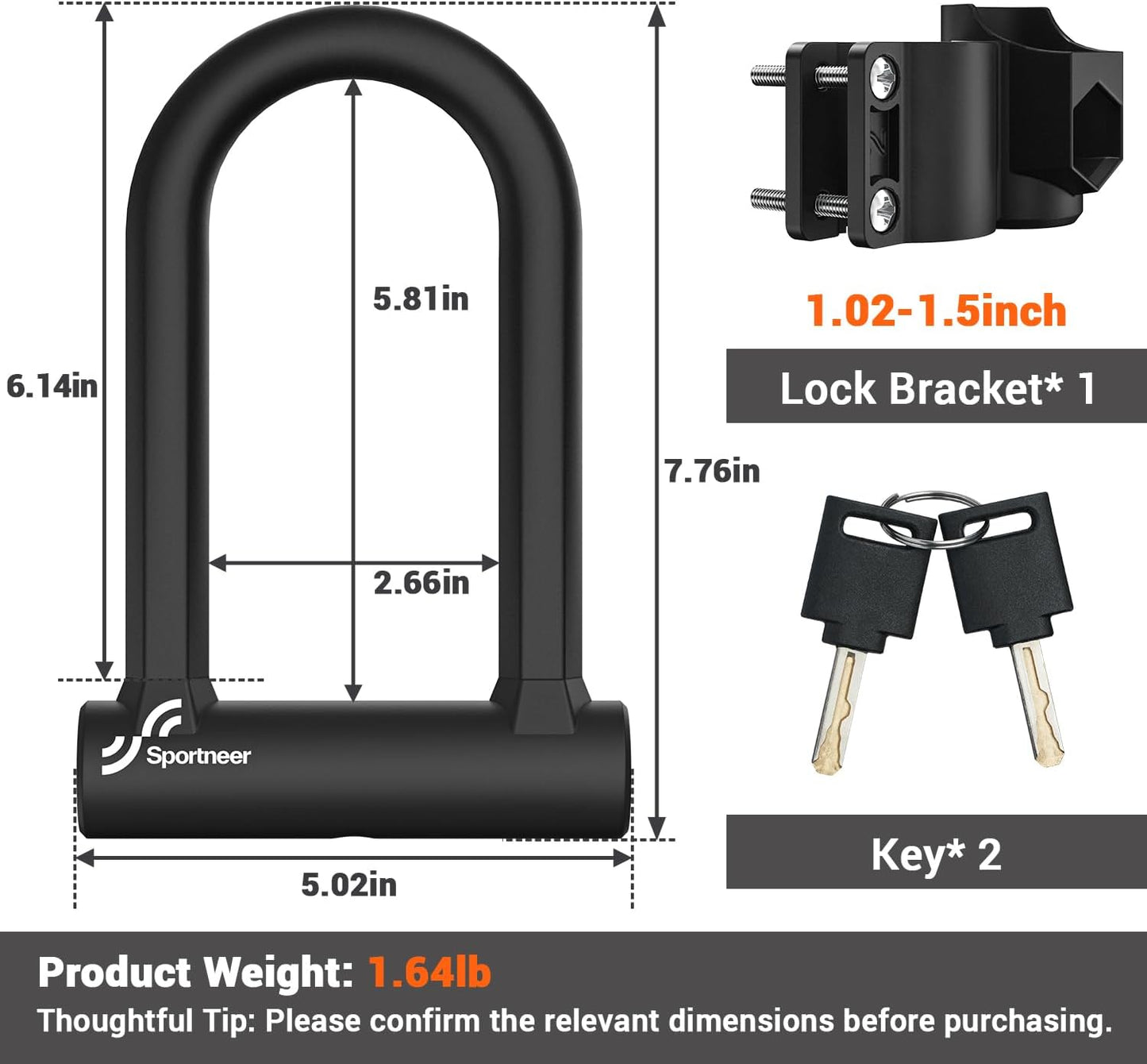 Sportneer Bike Lock: 17mm Heavy Duty Bike U Lock - High-Security Anti-Theft with 12mm x1.5m Steel Cable, 8''x5'' Compact Design, Includes Mounting Bracket for Mountain/Road/Folding/Electric Bikes