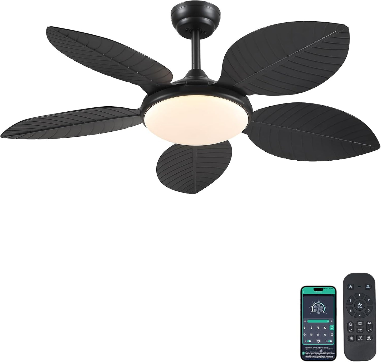 Wiviniya Ceiling Fans with Lights and Remote/APP Control, 44 Inch Tropical Palm Leaf Ceiling Fan with LED Lights, Outdoor Ceiling Fans for Patios Porch, Reversible Quiet Motor, Dimmable, Light Brown