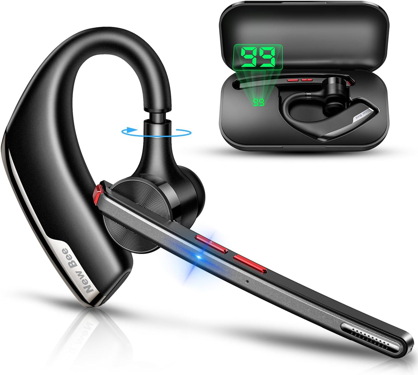 New bee Bluetooth Headset, Wireless Bluetooth Earpiece for Cellphone with 500mah Charging Case 80h Playtime V5.2 Dual Mic Noise Cancelling Hands-Free Earphones for Office Driver