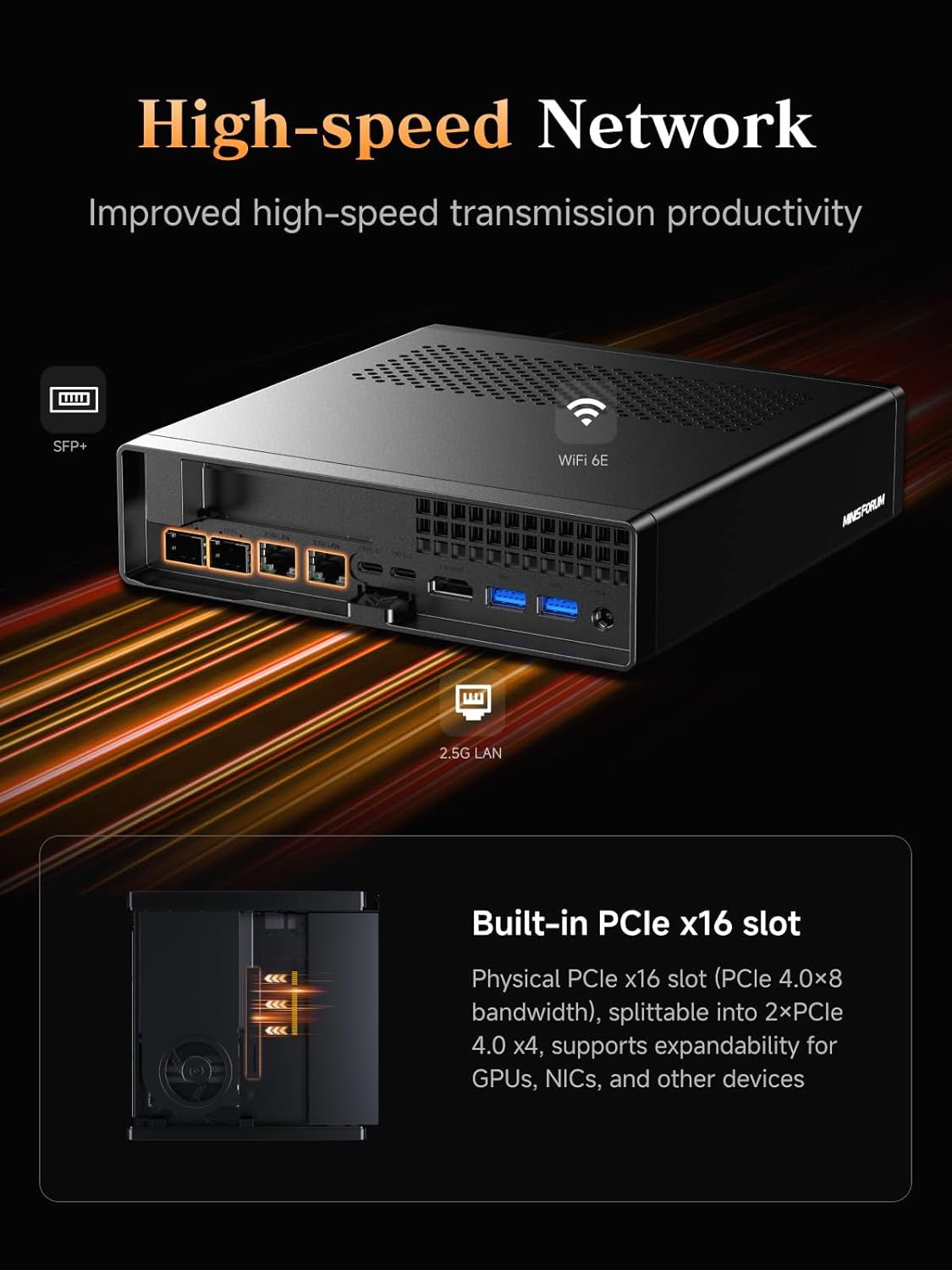 MINISFORUM AMD Ryzen 9 9955HX MS-A2 Mini PC (16C/32T, up to 5.4GHz), 64GB DDR5 1TB SSD, PCIe×16, HDMI/2x USB-C (8K@60Hz), 2X SFP+ 10G, 2X 2.5G LAN, 3X SSD M.2 (2280/22110/U.2)