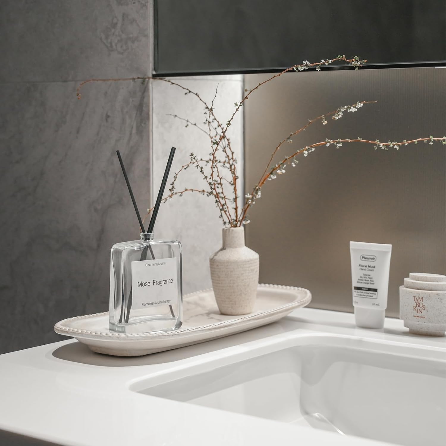 White Oval Decorative Tray for Farmhouse Home Decor – Beaded Wood Vanity and Coffee Table Tray for Jewelry, Perfume, Bathroom and Kitchen Counter Styling - PuriLite